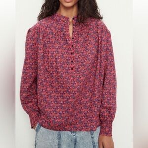 ba&sh womans freja floral cotton blouse with smocked sleeves, size S
